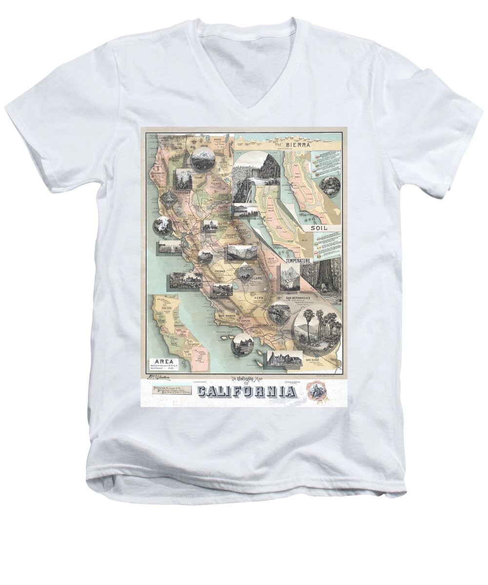 Southern Pacific Company Men's V-Neck T-Shirt featuring the digital art Vintage California Map by Lisa Redfern