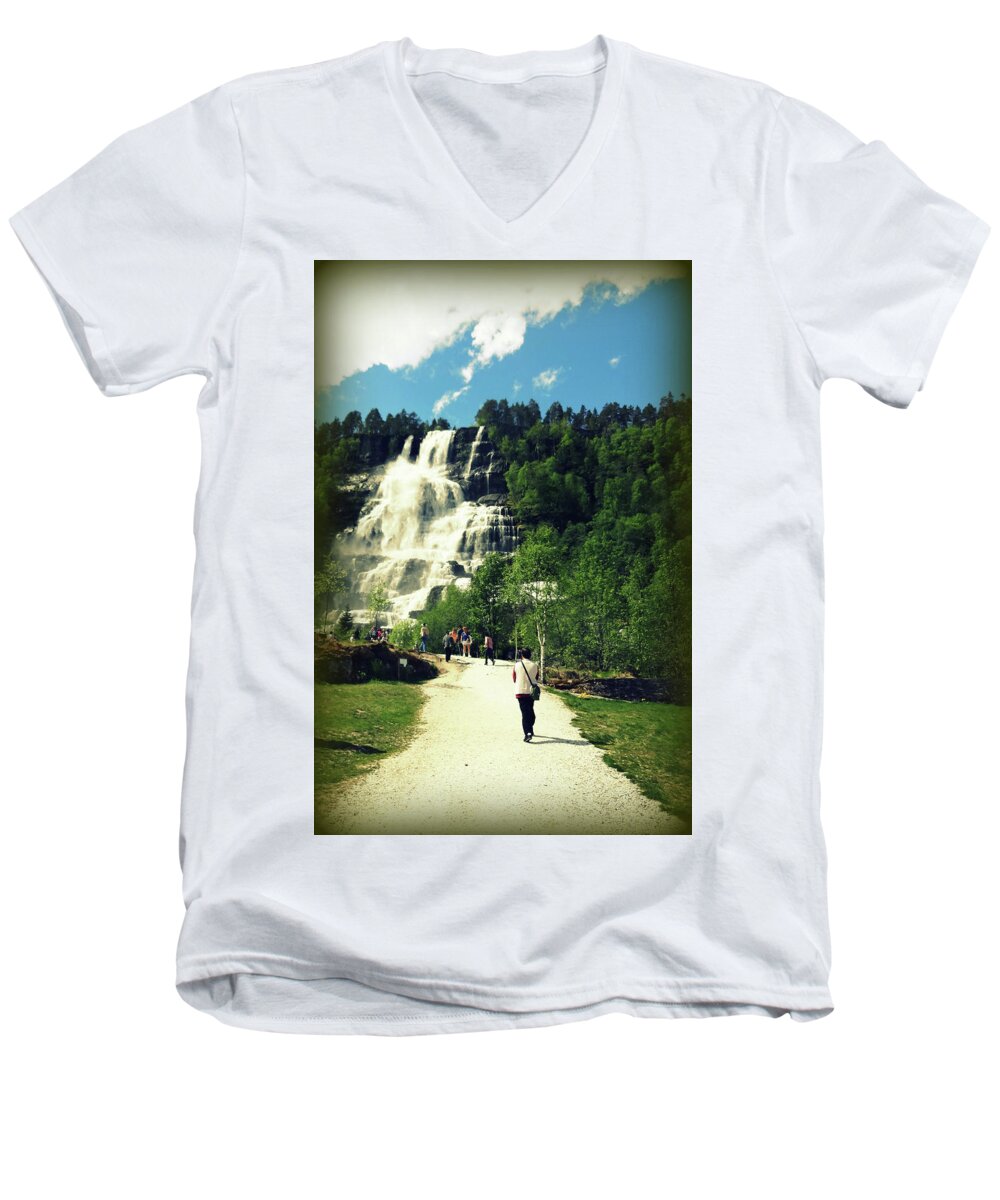 Color Photograph Of Tvindefossen Falls Men's V-Neck T-Shirt featuring the photograph Visit to Tvindefossen Falls by Susan Lafleur