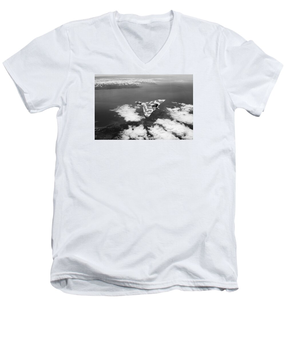 Avro Vulcan Men's V-Neck T-Shirt featuring the photograph Vulcan over South Wales black and white by Gary Eason