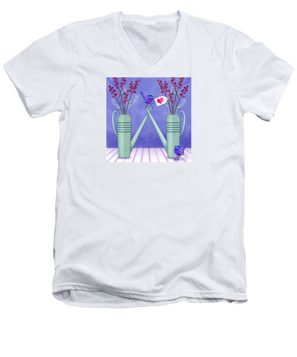 Letter W Men's V-Neck T-Shirt featuring the digital art W is for Watering Cans and Wonderful Wrens by Valerie Drake Lesiak