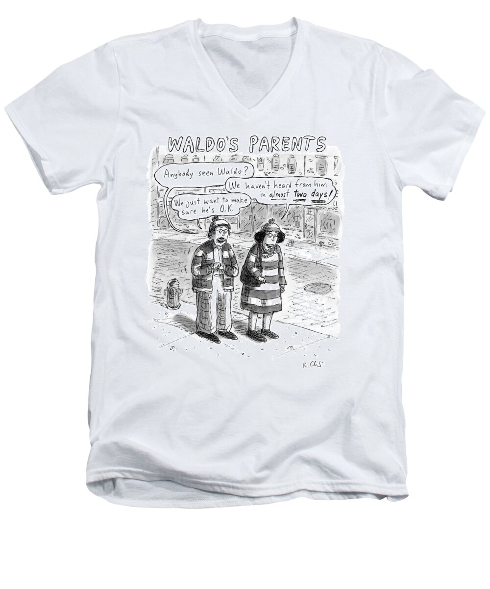 Waldo’s Parents Men's V-Neck T-Shirt featuring the drawing Waldos Parents by Roz Chast