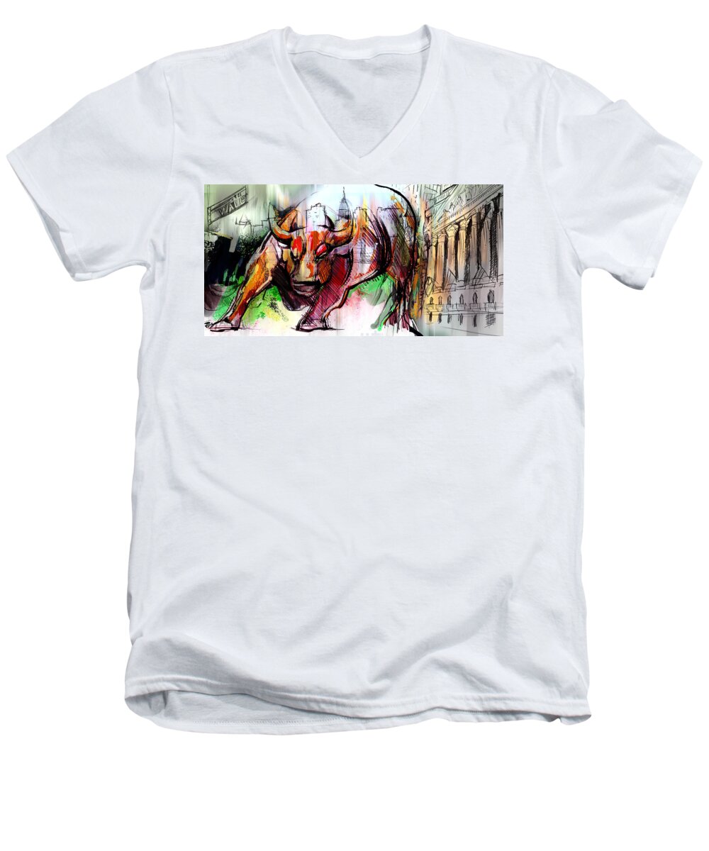 Stock Market Men's V-Neck T-Shirt featuring the painting Wall Street New Money by John Gholson