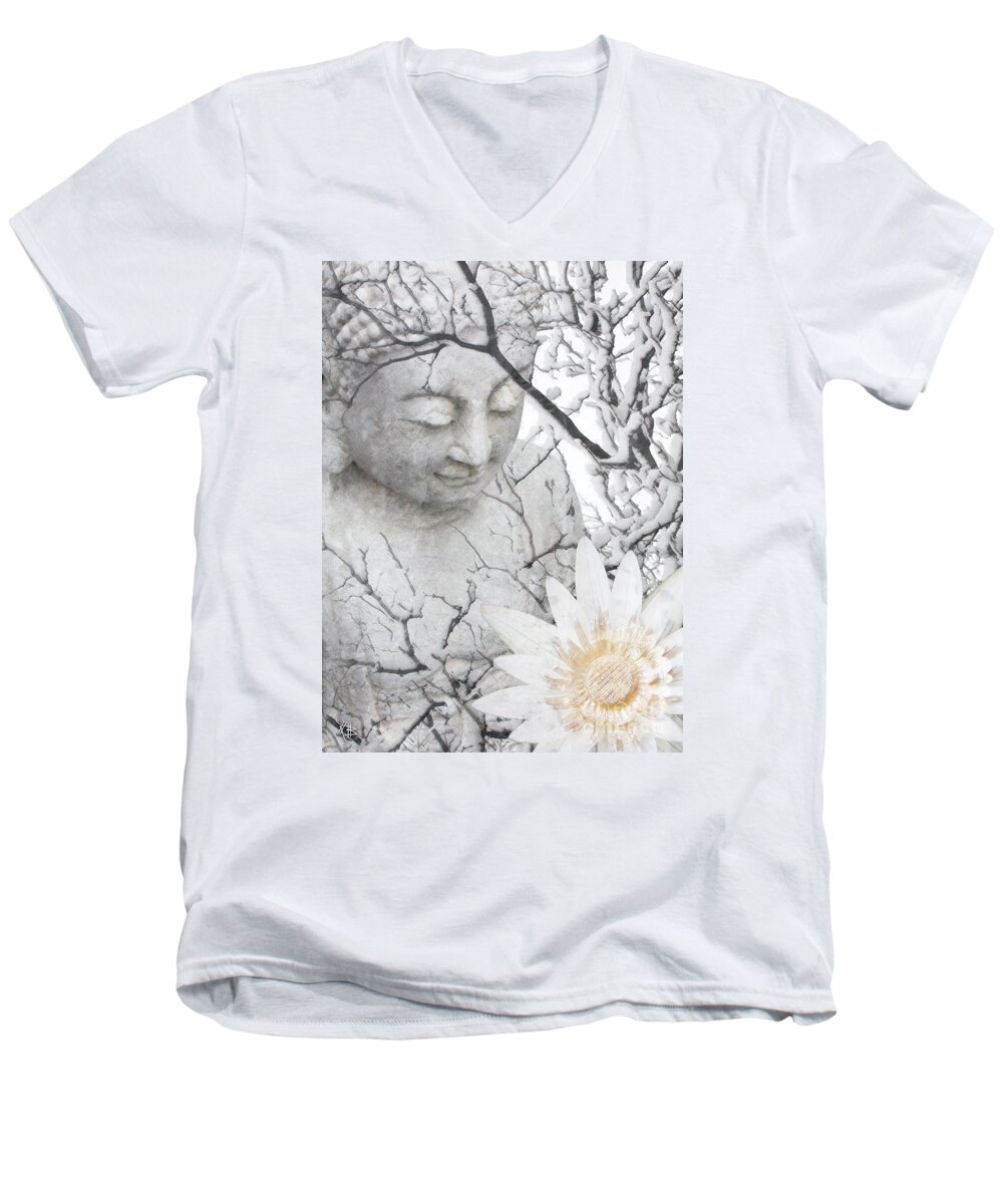 Buddha Men's V-Neck T-Shirt featuring the mixed media Warm Winter's Moment by Christopher Beikmann