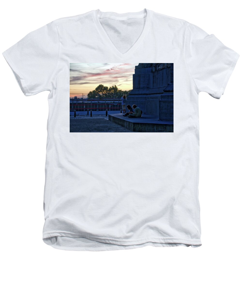 City Men's V-Neck T-Shirt featuring the photograph Watching the sunset by Ingrid Dendievel