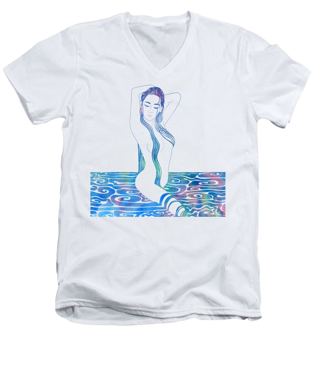Beauty Men's V-Neck T-Shirt featuring the mixed media Water Nymph XCIII by Stevyn Llewellyn