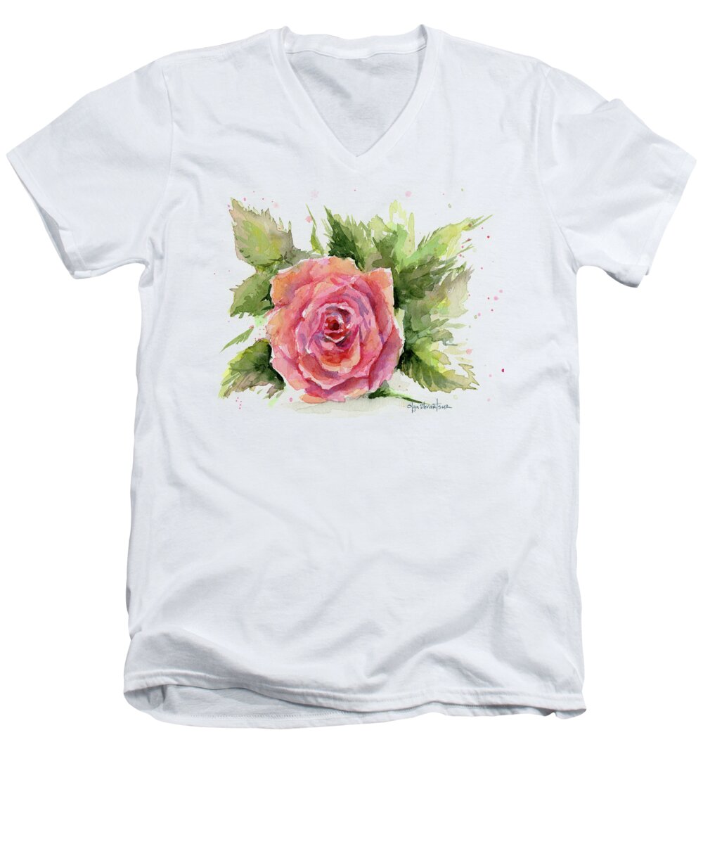 Rose Men's V-Neck T-Shirt featuring the painting Watercolor Rose by Olga Shvartsur