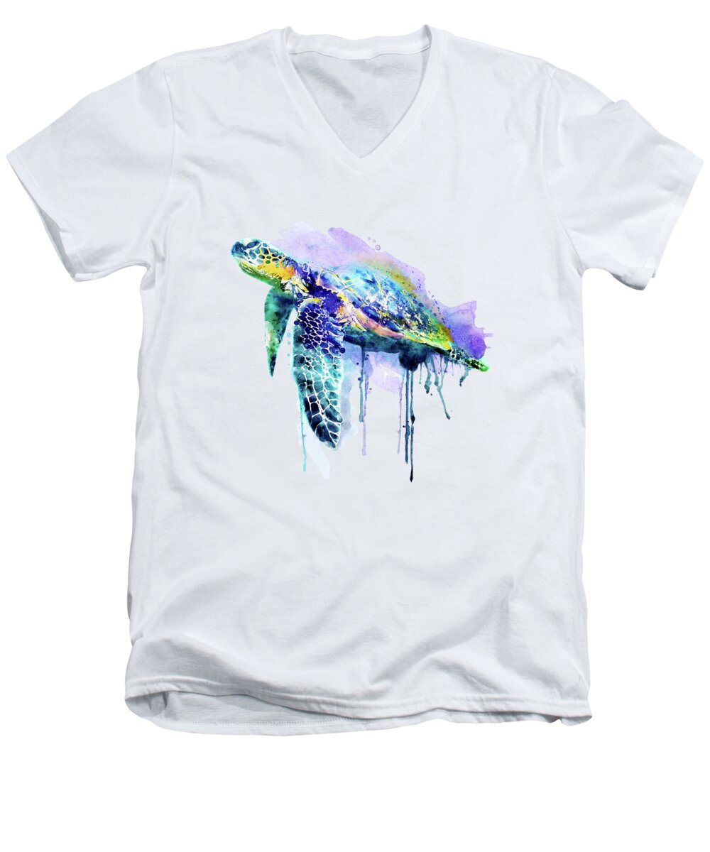 Marian Voicu Men's V-Neck T-Shirt featuring the painting Watercolor Sea Turtle by Marian Voicu