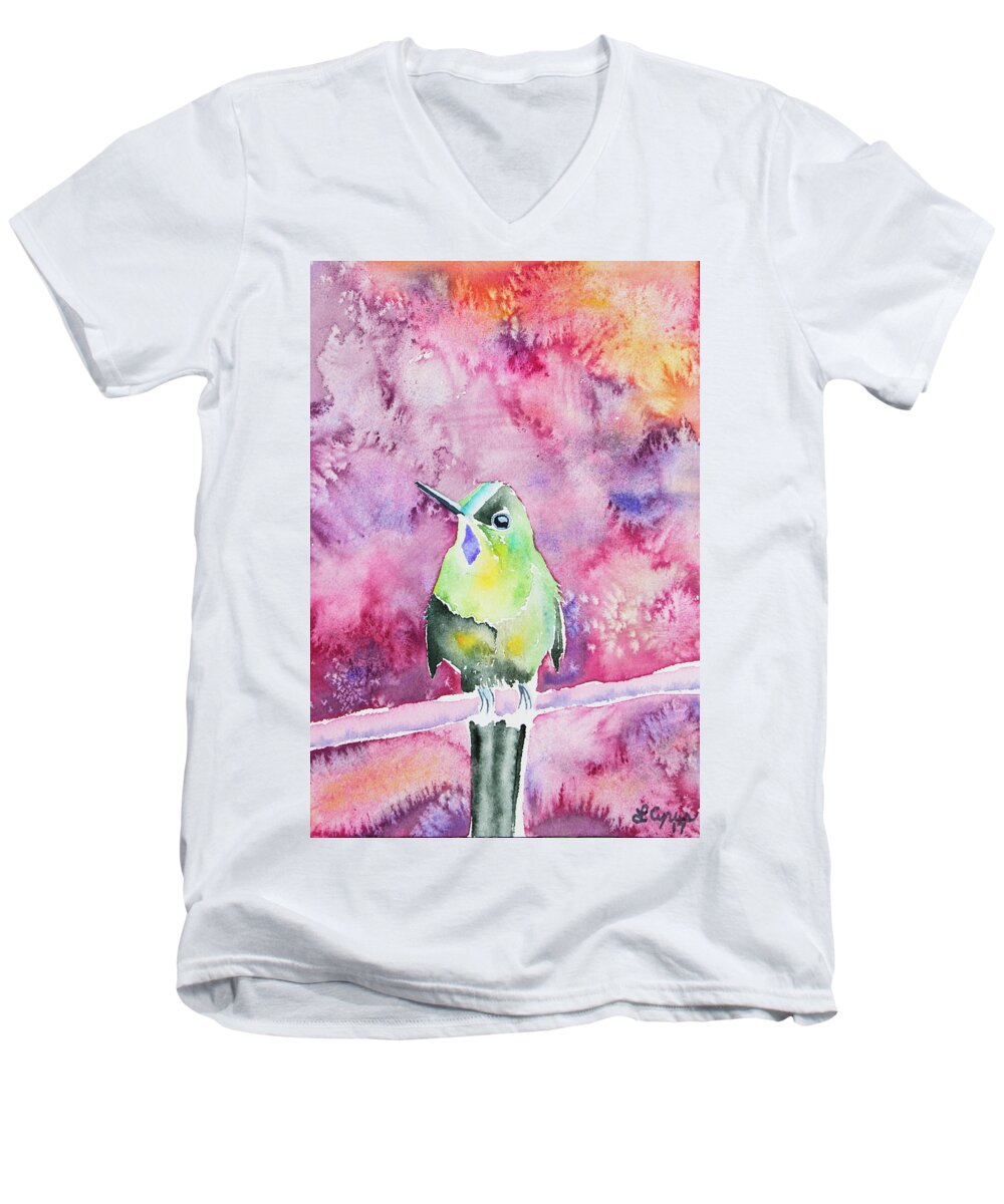 Violet-tailed Sylph Men's V-Neck T-Shirt featuring the painting Watercolor - Violet-tailed Sylph by Cascade Colors