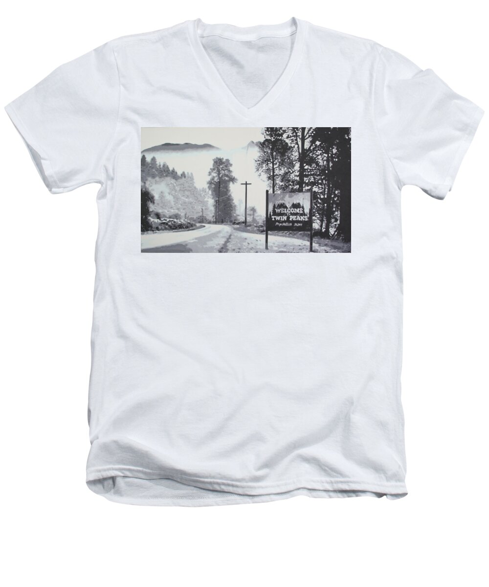 Laura Palmer Men's V-Neck T-Shirt featuring the painting Welcome to twin Peaks by Ludzska
