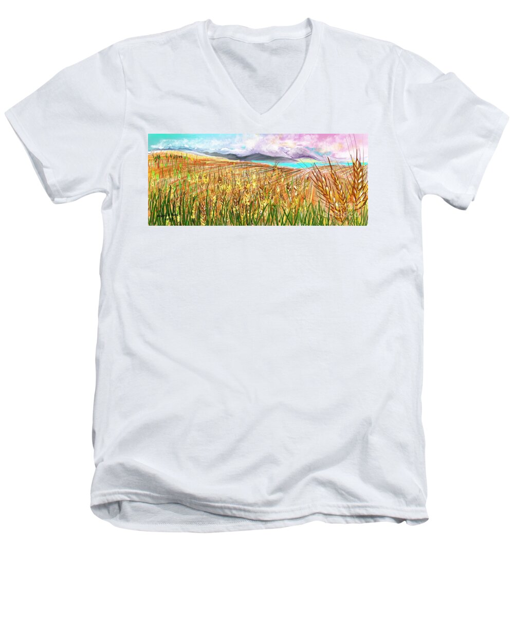 Wheat Men's V-Neck T-Shirt featuring the digital art Wheat Landscape by Joseph Mora