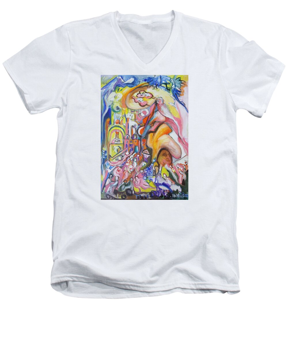Landscape Men's V-Neck T-Shirt featuring the painting When God said first time by Rita Fetisov