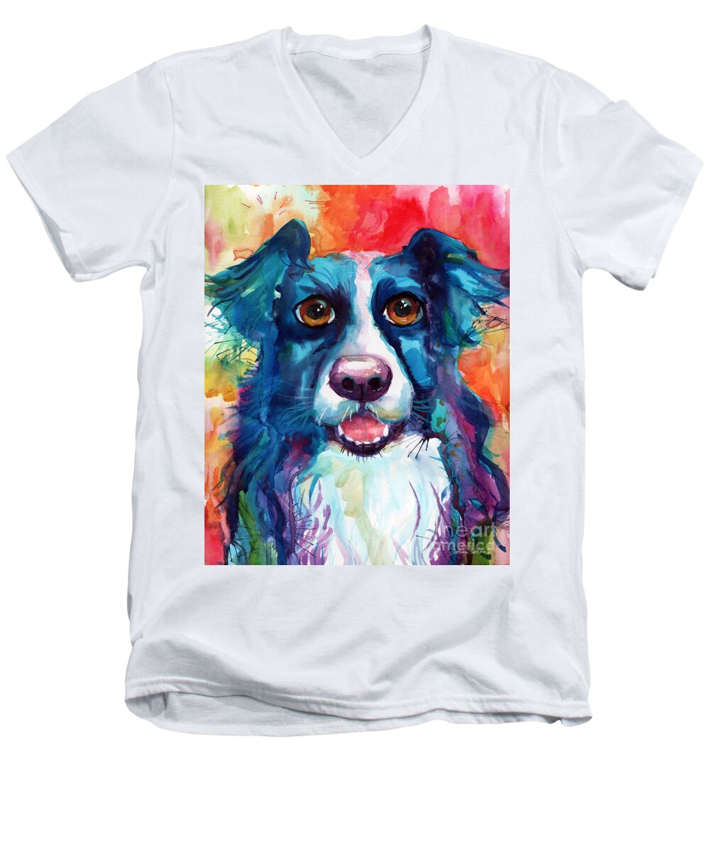 Border Collie Men's V-Neck T-Shirt featuring the painting Whimsical Border Collie dog portrait by Svetlana Novikova