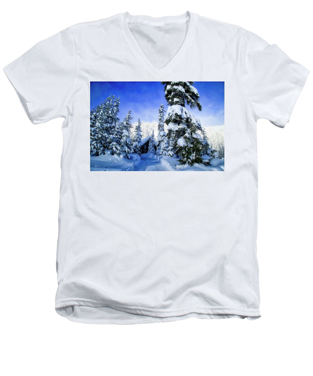 White Pass Chalet Men's V-Neck T-Shirt featuring the photograph White Pass Chalet by Lynn Hopwood