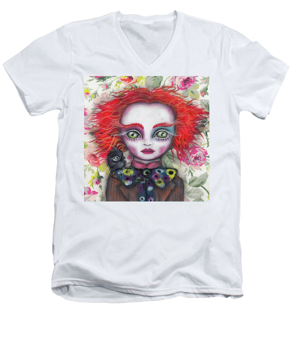 Mad Hatter Men's V-Neck T-Shirt featuring the painting Why is a Raven like a Writing Desk? by Abril Andrade