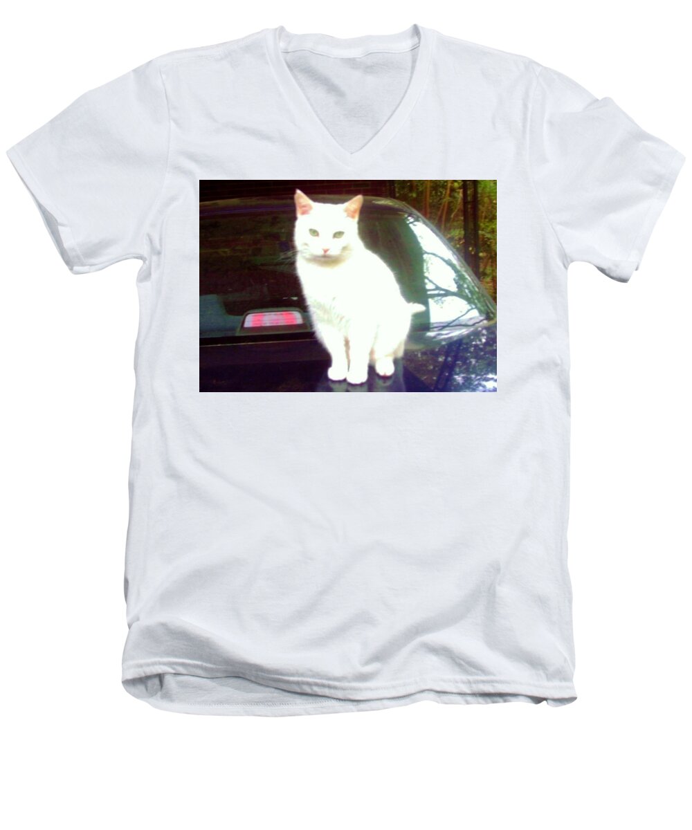 Cat Men's V-Neck T-Shirt featuring the photograph Will Wash Car For Treats by Denise F Fulmer