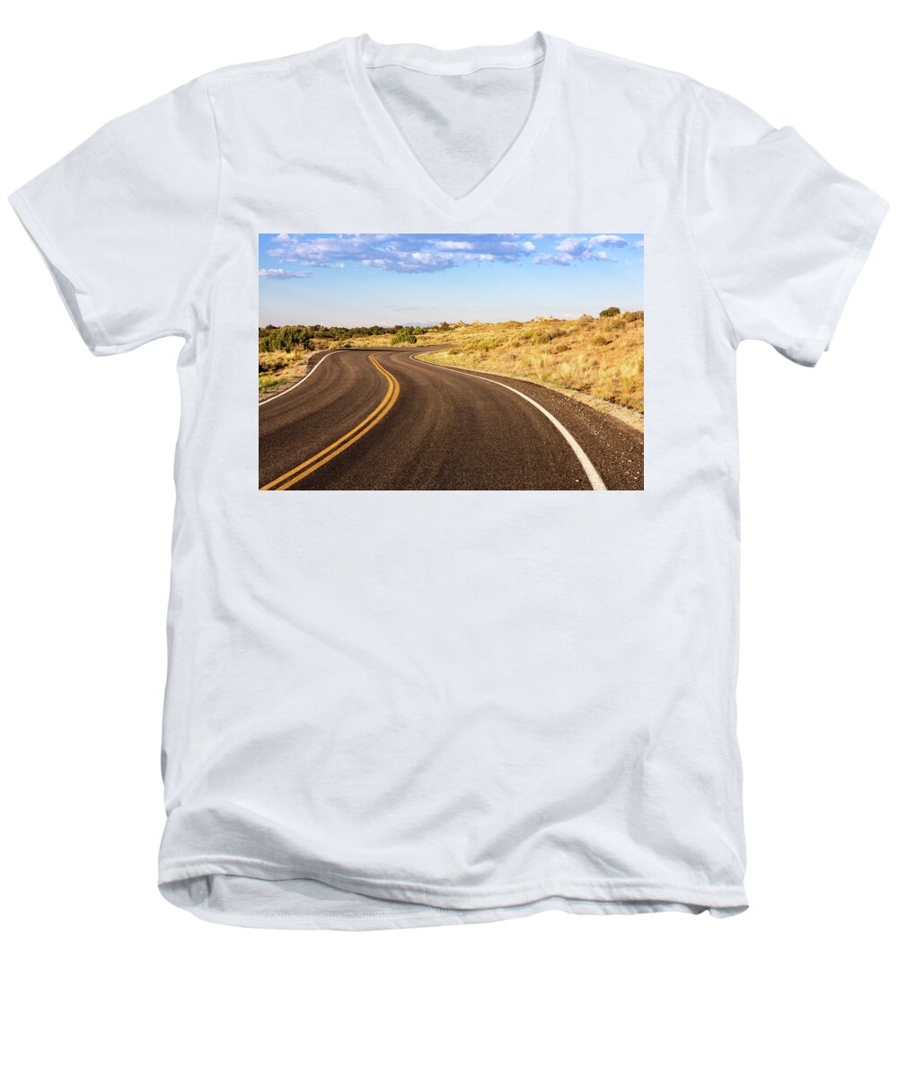 Nature Men's V-Neck T-Shirt featuring the photograph Winding Desert Road at Sunset by Kyle Lee
