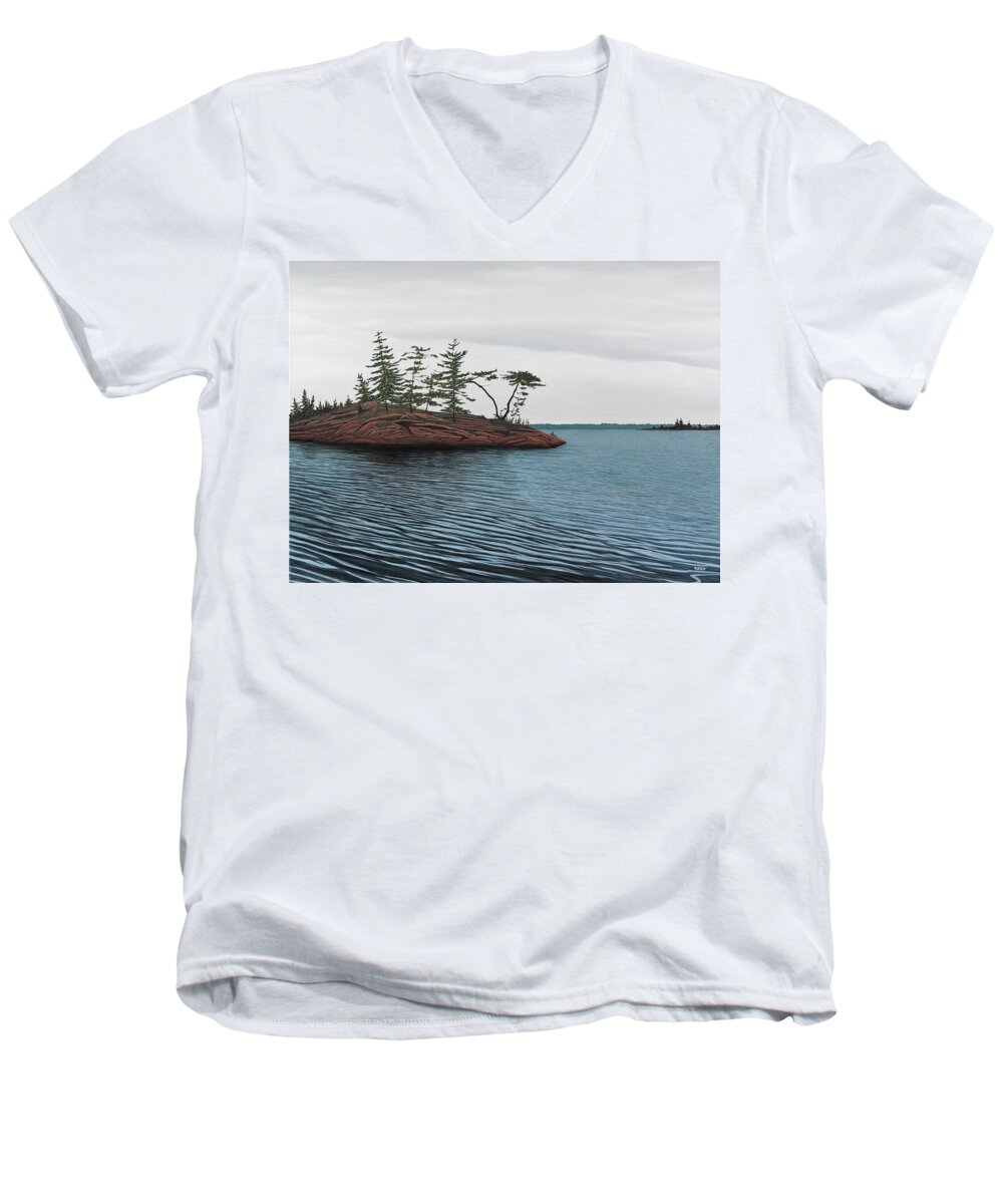 Island Men's V-Neck T-Shirt featuring the painting Windswept Island Georgian Bay by Kenneth M Kirsch