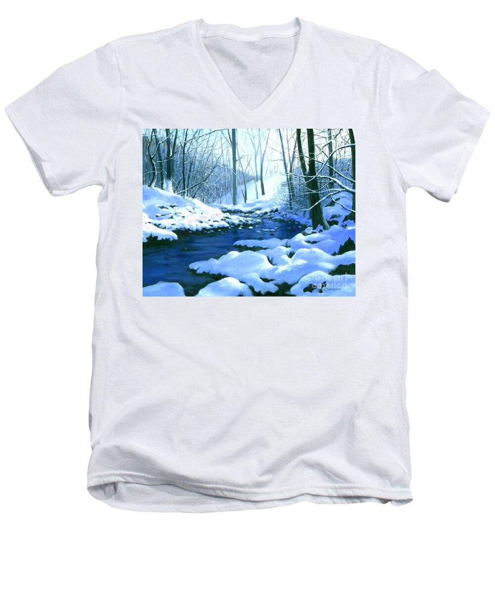 Snow Men's V-Neck T-Shirt featuring the painting Winter Blues by Michael Swanson