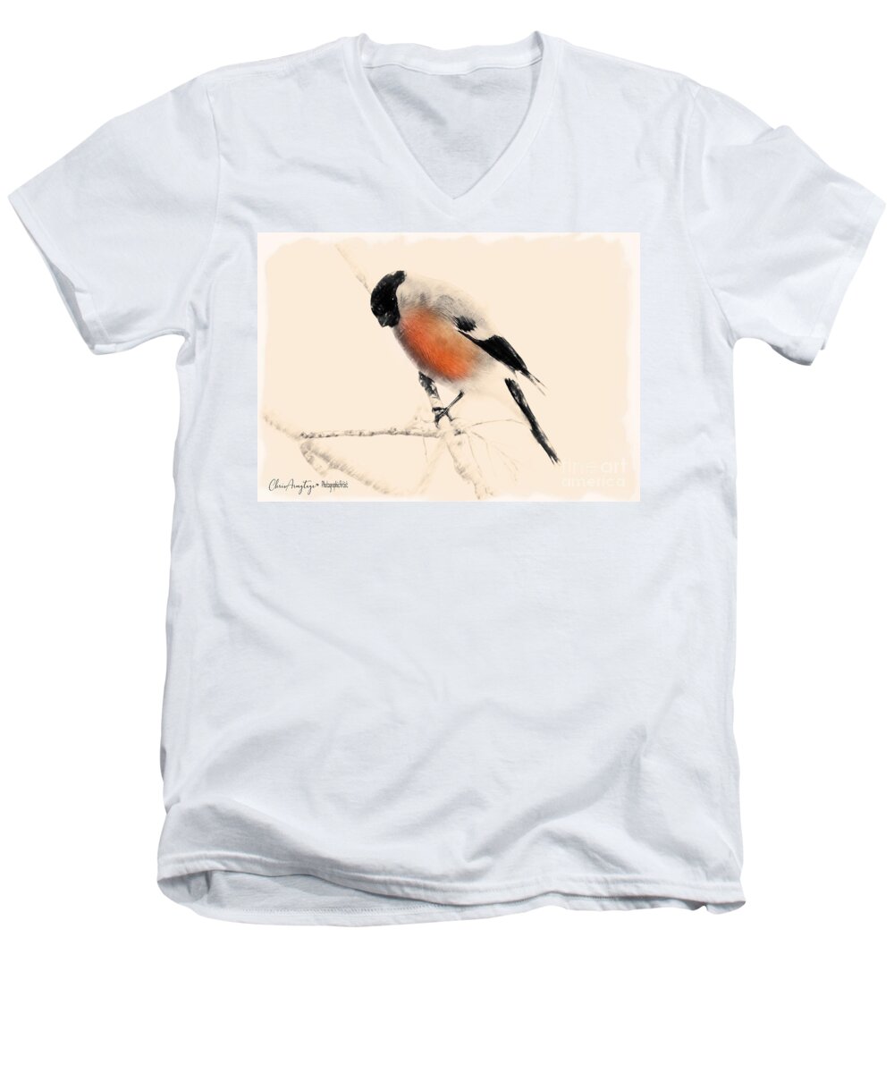 Bullfinch Men's V-Neck T-Shirt featuring the painting Winter Bullfinch by Chris Armytage