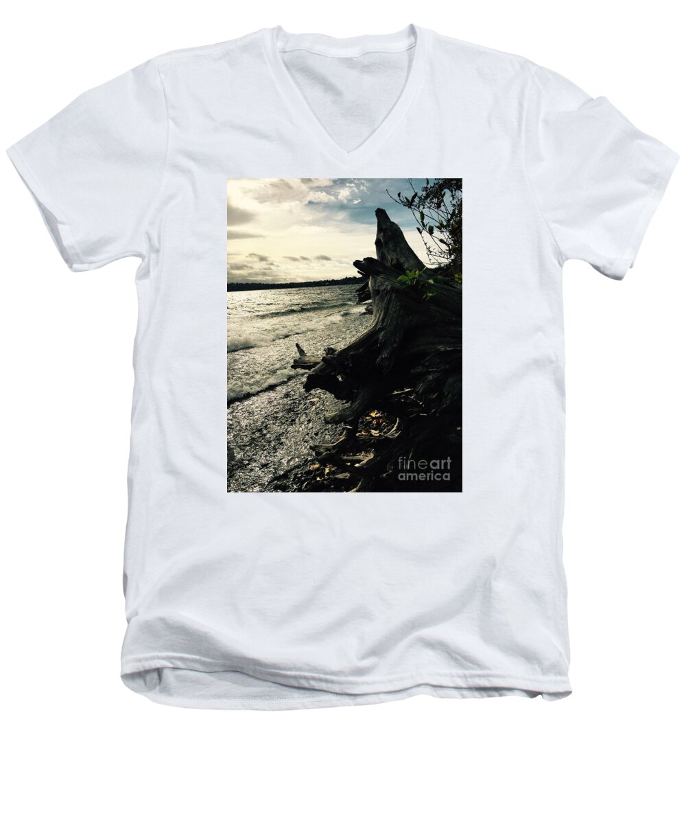 Driftwood Men's V-Neck T-Shirt featuring the photograph Winter Comes To The Sea by LeLa Becker