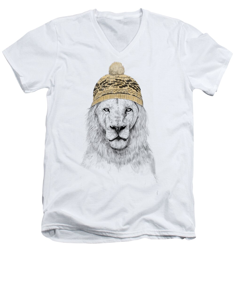 Lion Men's V-Neck T-Shirt featuring the drawing Winter lion by Balazs Solti