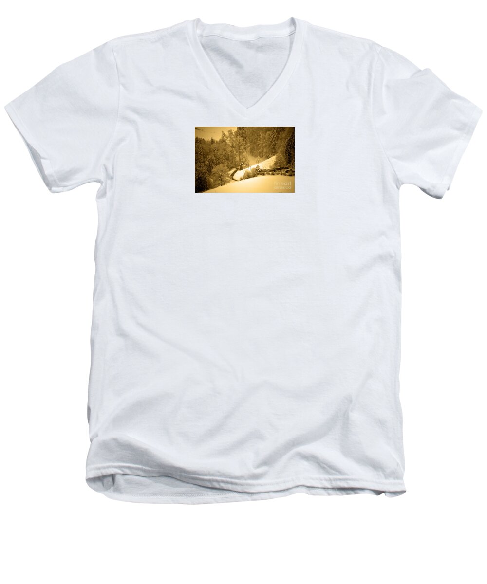Up The Hills Men's V-Neck T-Shirt featuring the photograph Winter Wonderland in Switzerland - Up the hills by Susanne Van Hulst