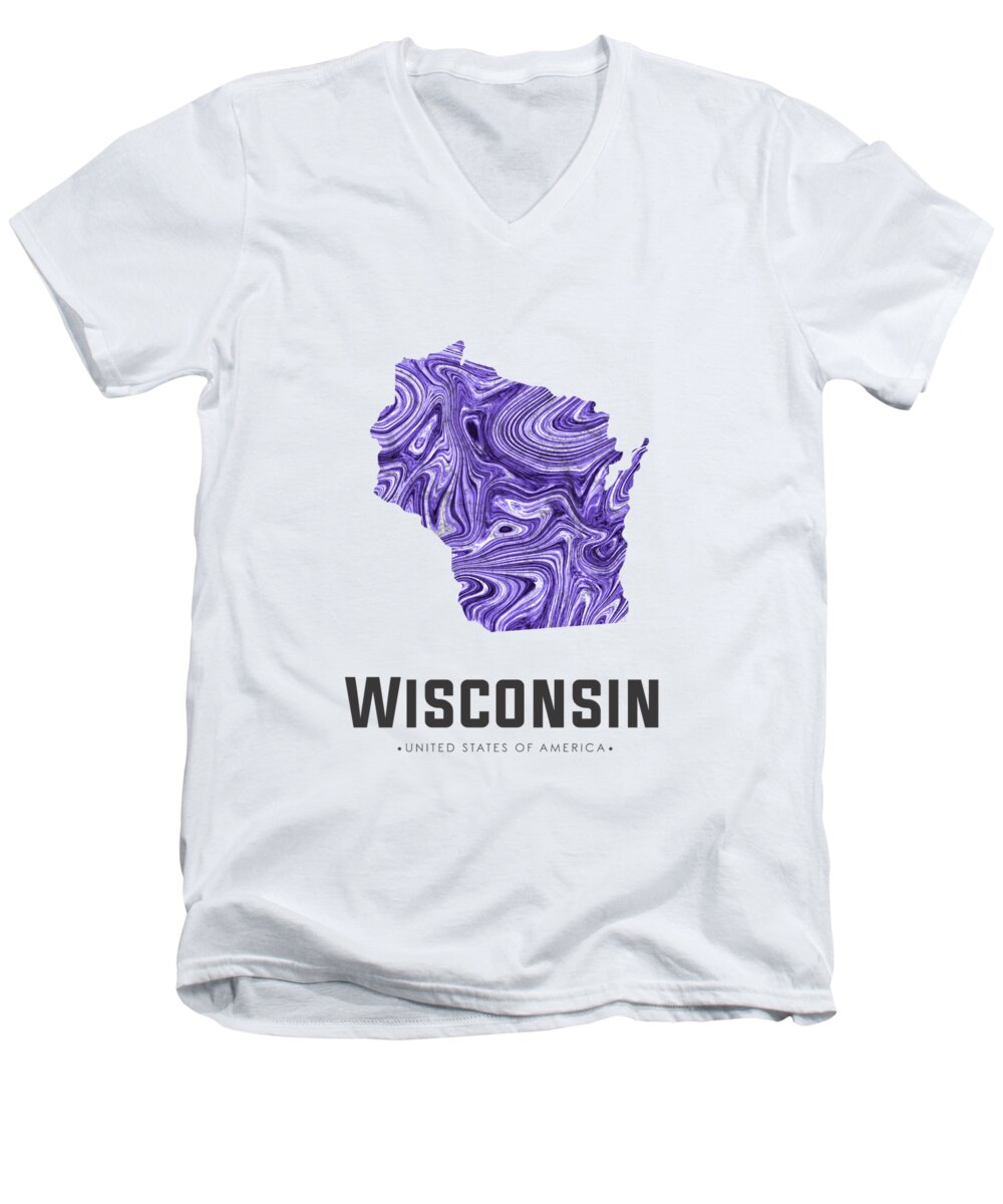 Wisconsin Men's V-Neck T-Shirt featuring the mixed media Wisconsin Map Art Abstract in Violet by Studio Grafiikka