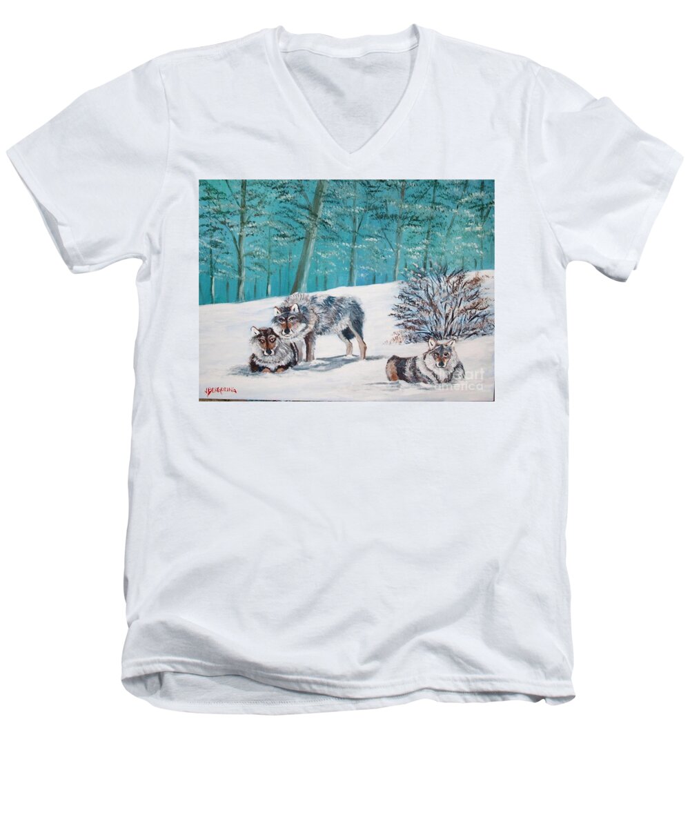 Wolves Men's V-Neck T-Shirt featuring the painting Wolves in the wild by Jean Pierre Bergoeing