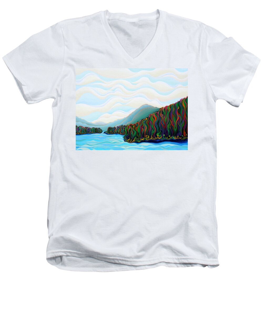 Mountain Men's V-Neck T-Shirt featuring the painting Woo Hoo Mountains by Amy Ferrari