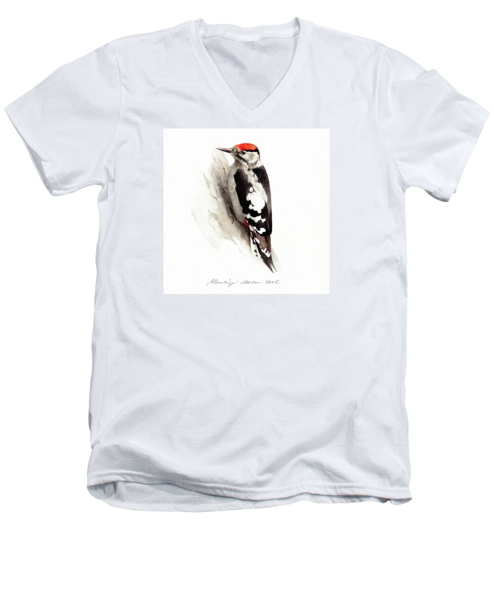 Woodpecker Men's V-Neck T-Shirt featuring the painting Woodpecker by Attila Meszlenyi