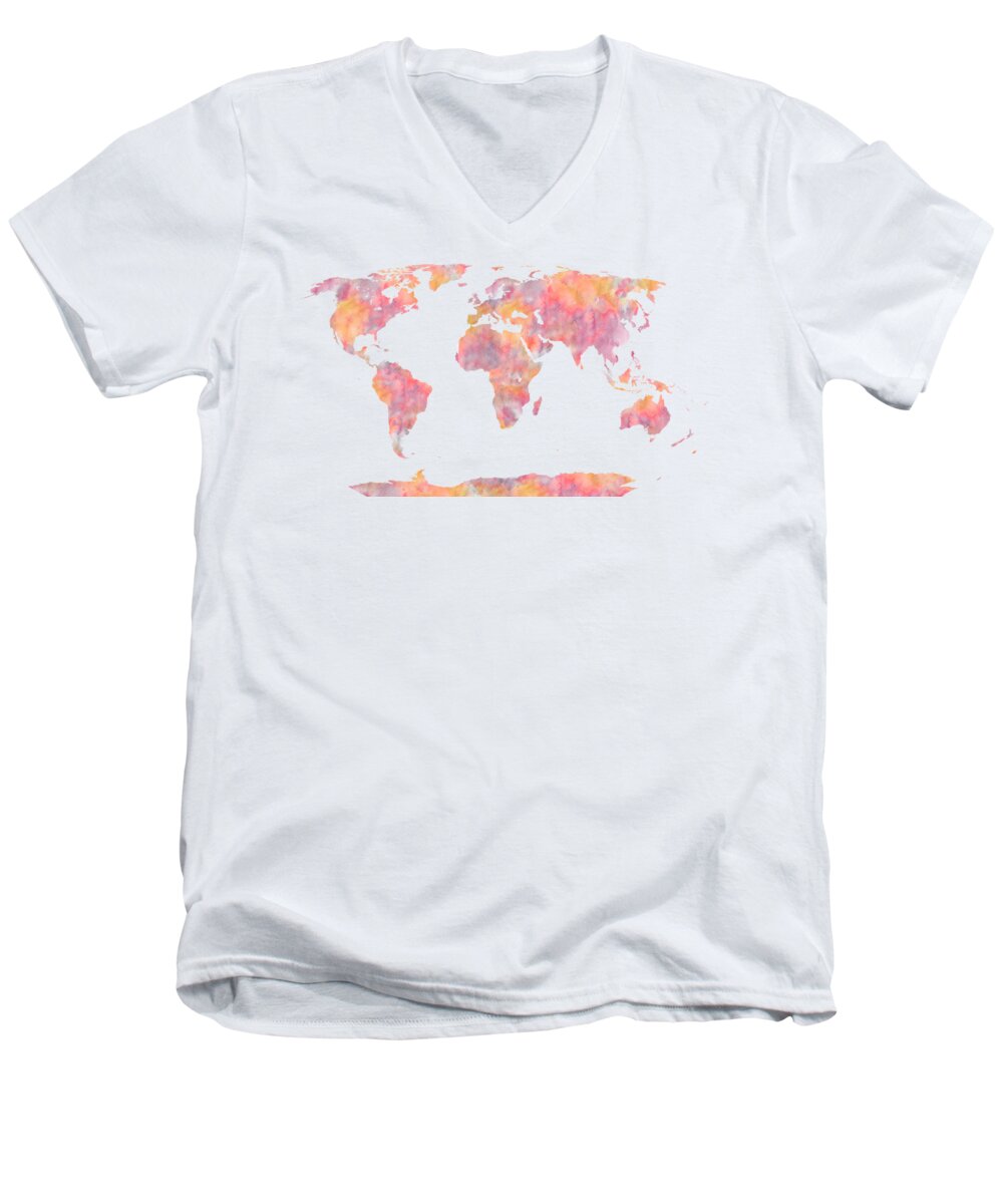 World Map Men's V-Neck T-Shirt featuring the painting World Map Watercolor painting by Georgeta Blanaru
