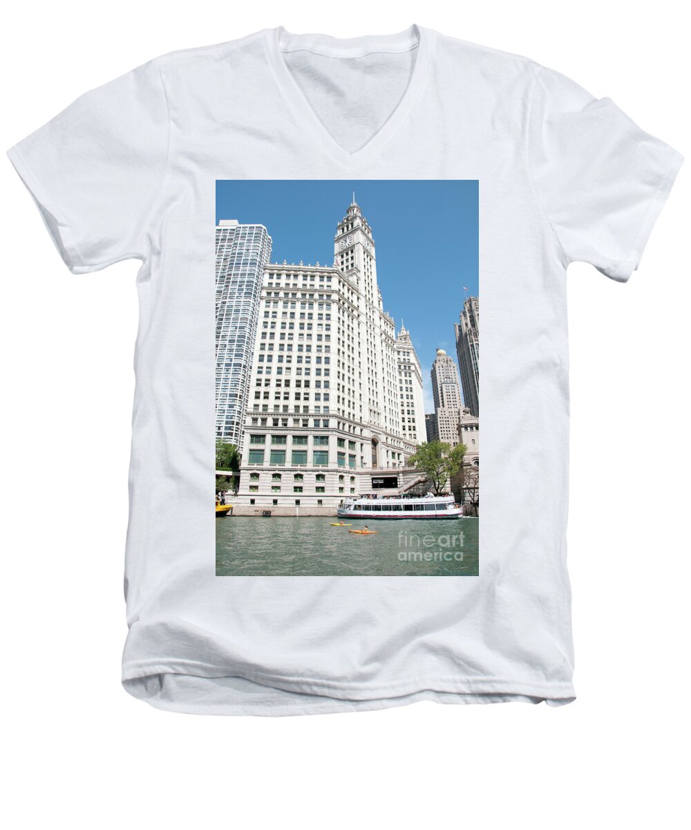 Boats Men's V-Neck T-Shirt featuring the photograph Wrigley Building Overlooking the Chicago River by David Levin