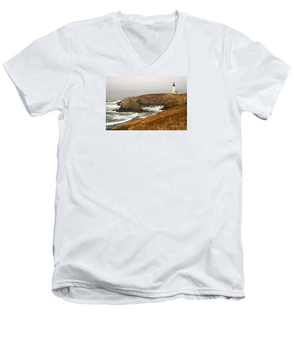 Lighthouse Men's V-Neck T-Shirt featuring the photograph Yaquina Head Lighthouse by Alice Cahill