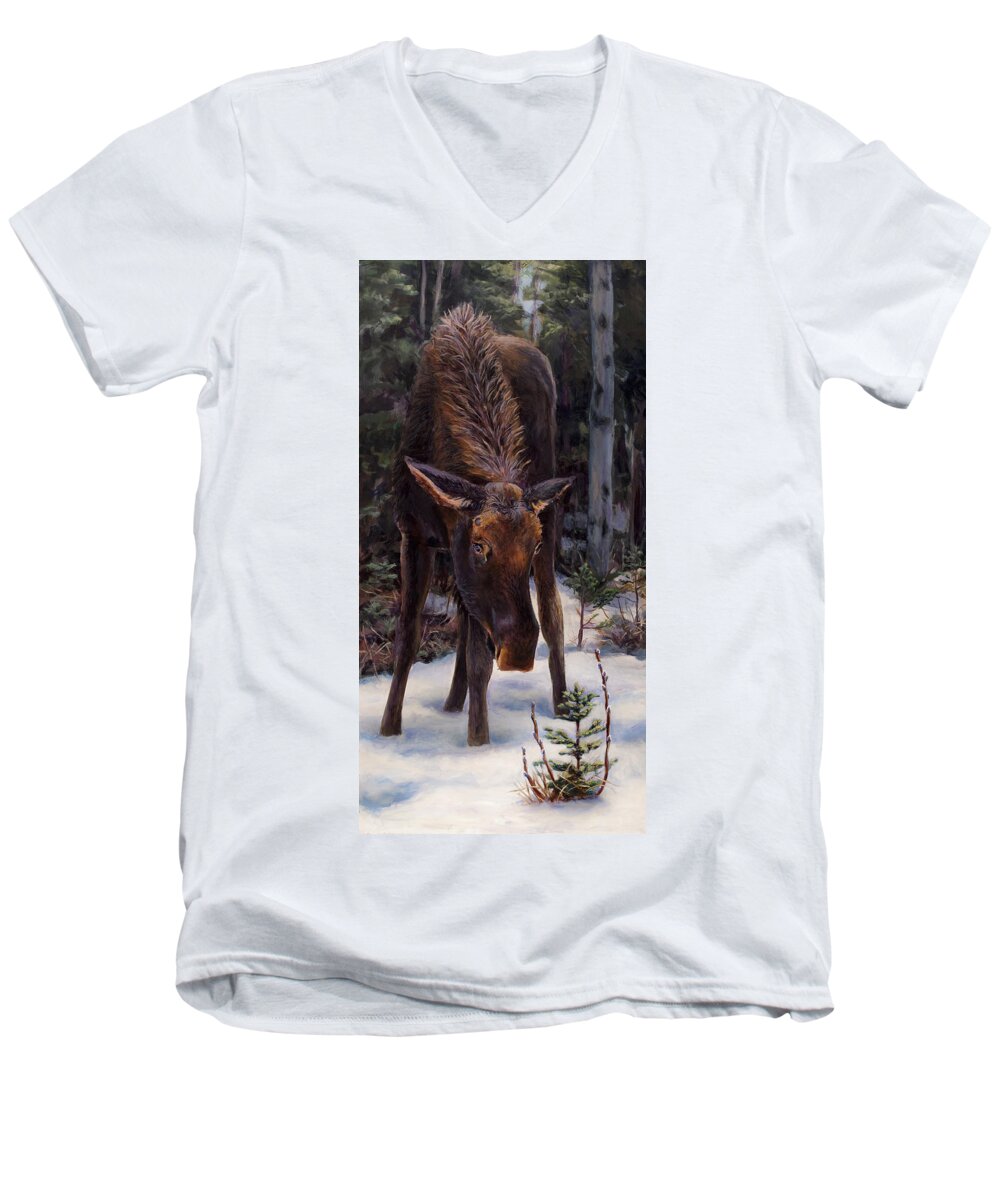 Alaskan Wildlife Men's V-Neck T-Shirt featuring the painting Young Moose and Snowy Forest Springtime in Alaska Wildlife Home Decor Painting by K Whitworth