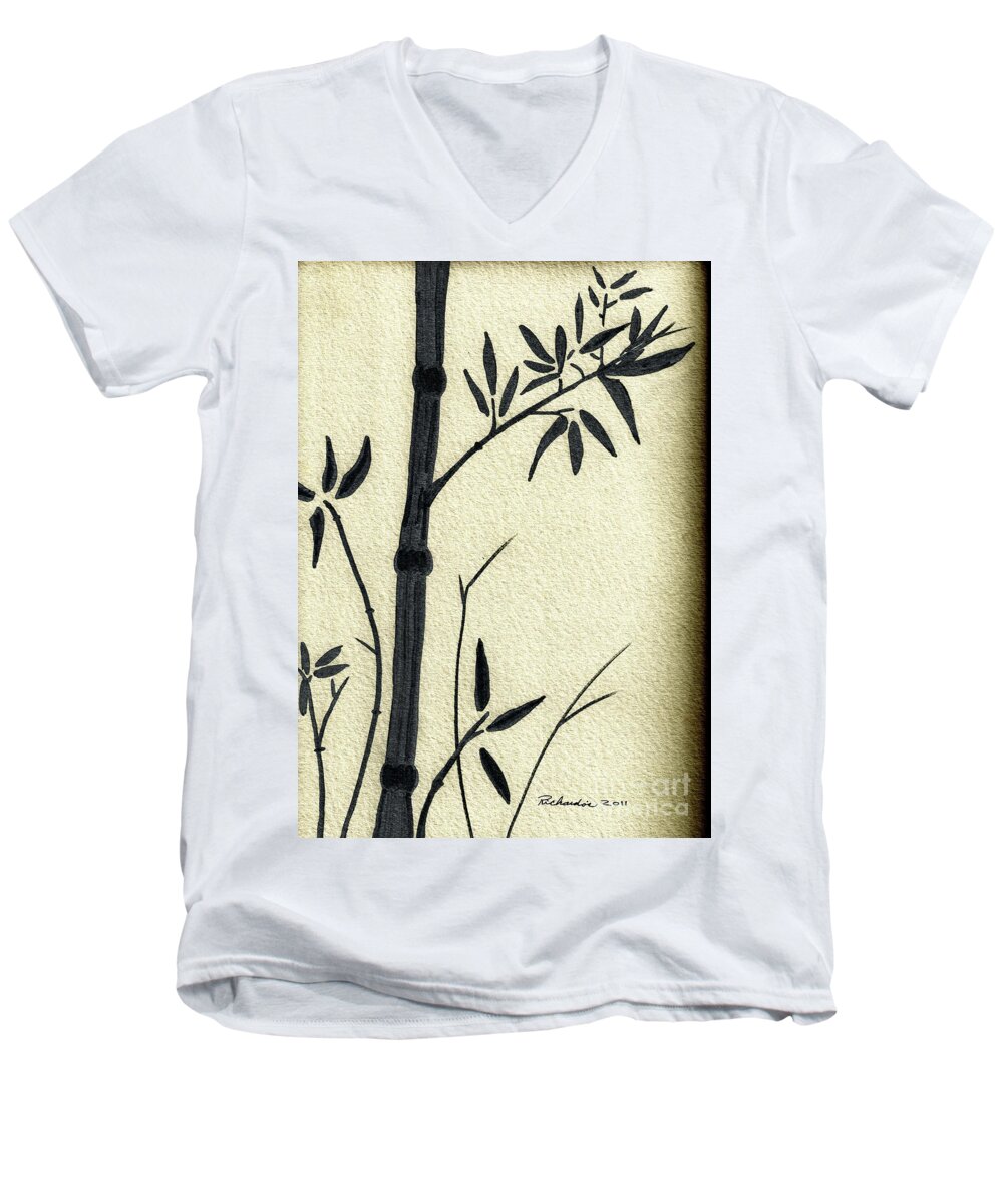 Abstract Men's V-Neck T-Shirt featuring the mixed media Zen Sumi Antique Bamboo 1a Black Ink on Fine Art Watercolor Paper by Ricardos by Ricardos Creations