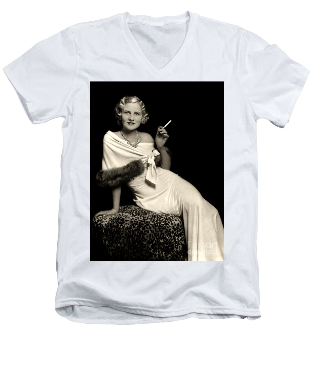 Ziegfeld Men's V-Neck T-Shirt featuring the photograph Ziegfeld Model reclining in evening dress holding cigarette by Alfred Cheney Johnston by Vintage Collectables