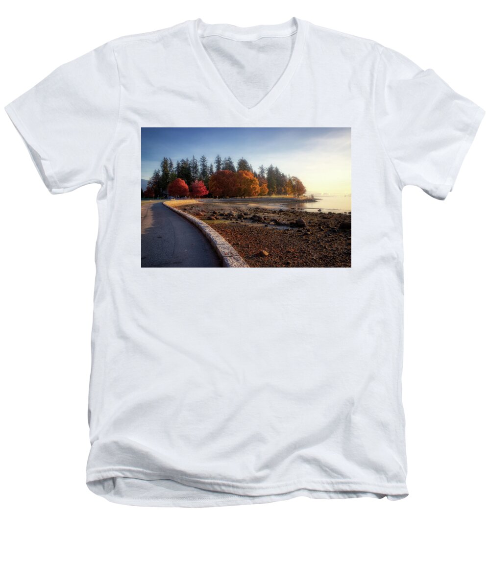 Autumn Men's V-Neck T-Shirt featuring the photograph Colorful Autumn Foliage at Stanley Park #1 by Andy Konieczny