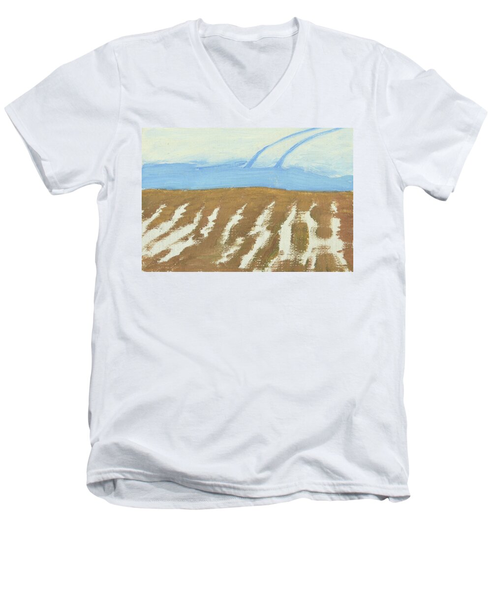 Landskap Men's V-Neck T-Shirt featuring the painting Dala spring winter  Dala vaarvinter 1995-97 5 of 7 clean cut up to 60x100 cm on canvas by Marica Ohlsson