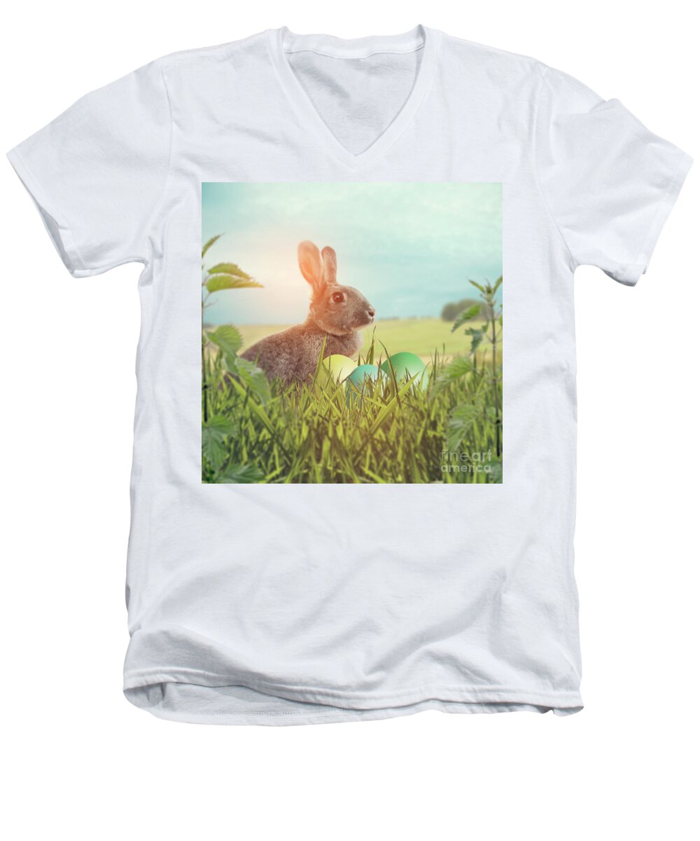 Easter Men's V-Neck T-Shirt featuring the photograph Easter Bunny With Easter eggs on A Bed Of Grass #2 by Ethiriel Photography