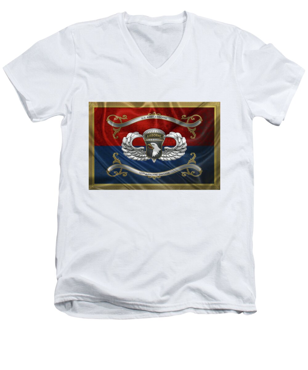 Military Insignia & Heraldry By Serge Averbukh Men's V-Neck T-Shirt featuring the digital art 101st Airborne Division - 101st A B N Insignia with Parachutist Badge over Flag by Serge Averbukh
