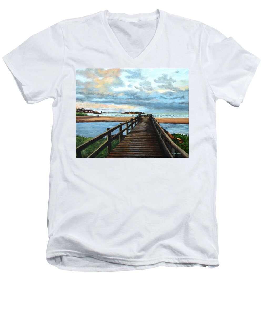 Good Harbor Men's V-Neck T-Shirt featuring the painting Good Harbor Beach Gloucester #1 by Eileen Patten Oliver