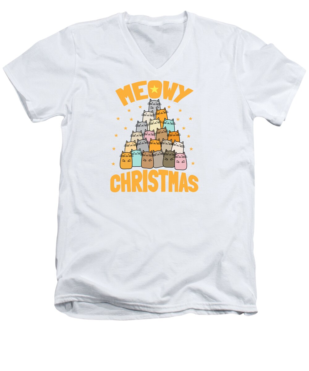 Christmas Time Men's V-Neck T-Shirt featuring the digital art Meowy Christmas Cat Xmas Tree Decoration #1 by Mister Tee