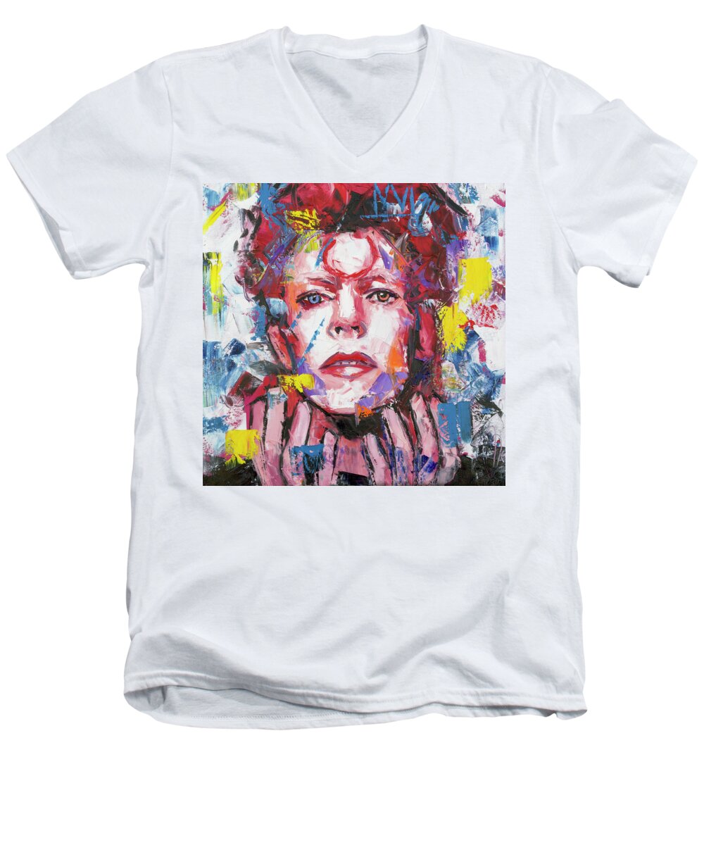 David Bowie Men's V-Neck T-Shirt featuring the painting David Bowie V by Richard Day