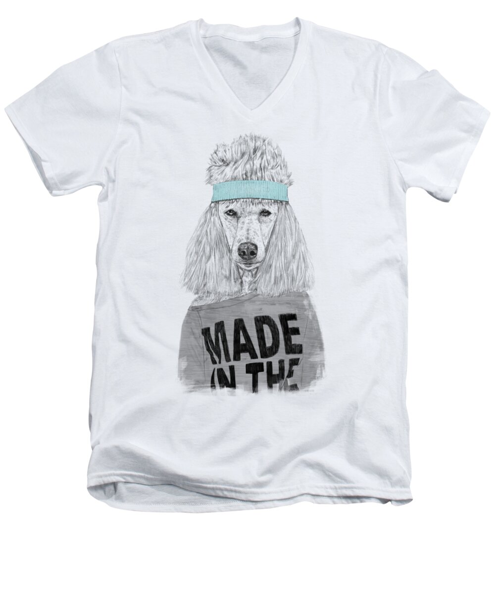 Dog Men's V-Neck T-Shirt featuring the drawing 80's Bitch by Balazs Solti