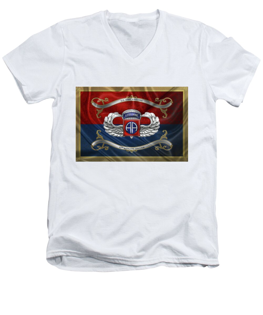 Military Insignia & Heraldry By Serge Averbukh Men's V-Neck T-Shirt featuring the digital art 82nd Airborne Division - 82nd A B N Insignia with Parachutist Badge over Flag by Serge Averbukh