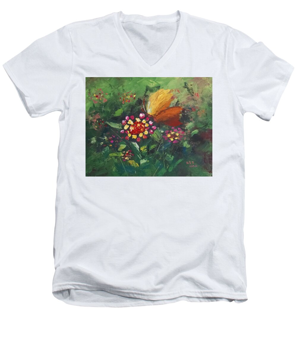 Butterfly Men's V-Neck T-Shirt featuring the painting A butterfly on Lantana by Helian Cornwell
