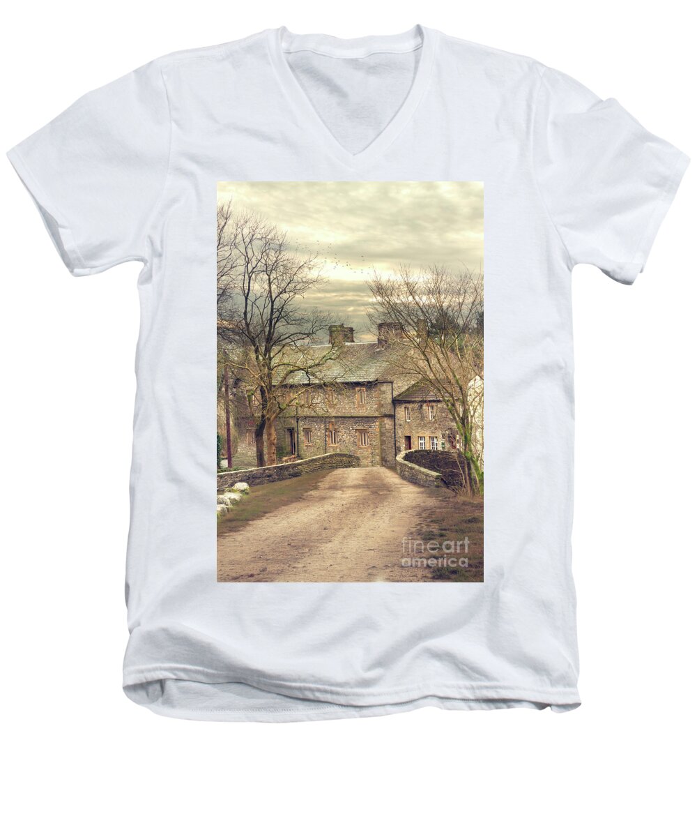 Yorkshire Men's V-Neck T-Shirt featuring the photograph A Small Village Wintry Scene With A Cottage And Bridge In Yorkshire by Ethiriel Photography