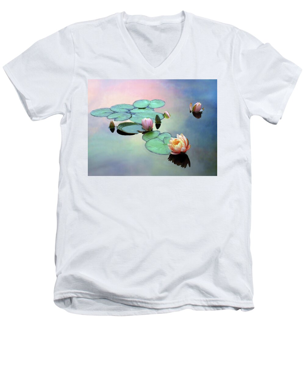 Lilies Men's V-Neck T-Shirt featuring the photograph Afloat by Jessica Jenney