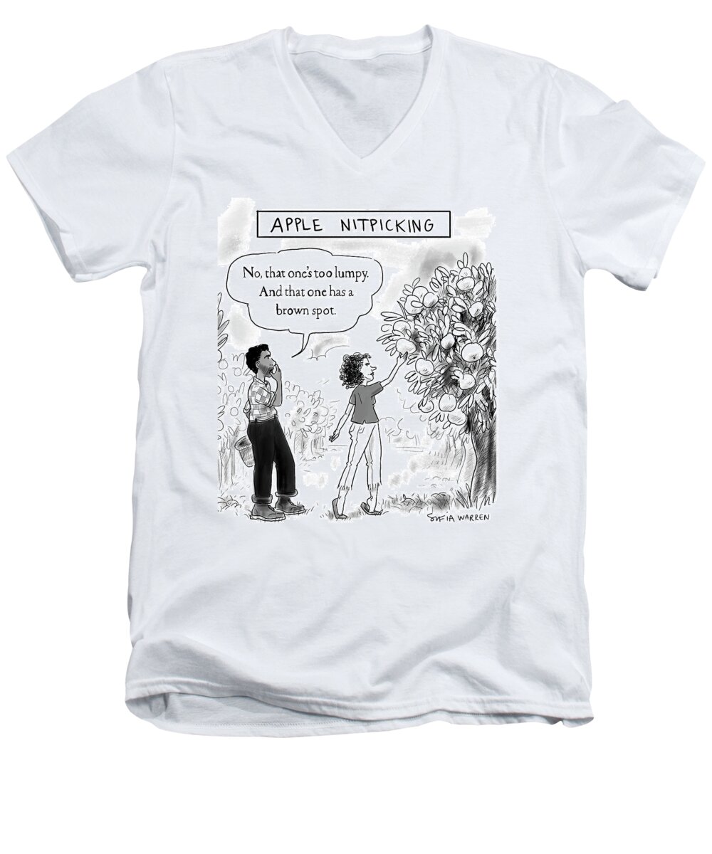 Captionless Men's V-Neck T-Shirt featuring the drawing Apple Nitpicking by Sofia Warren