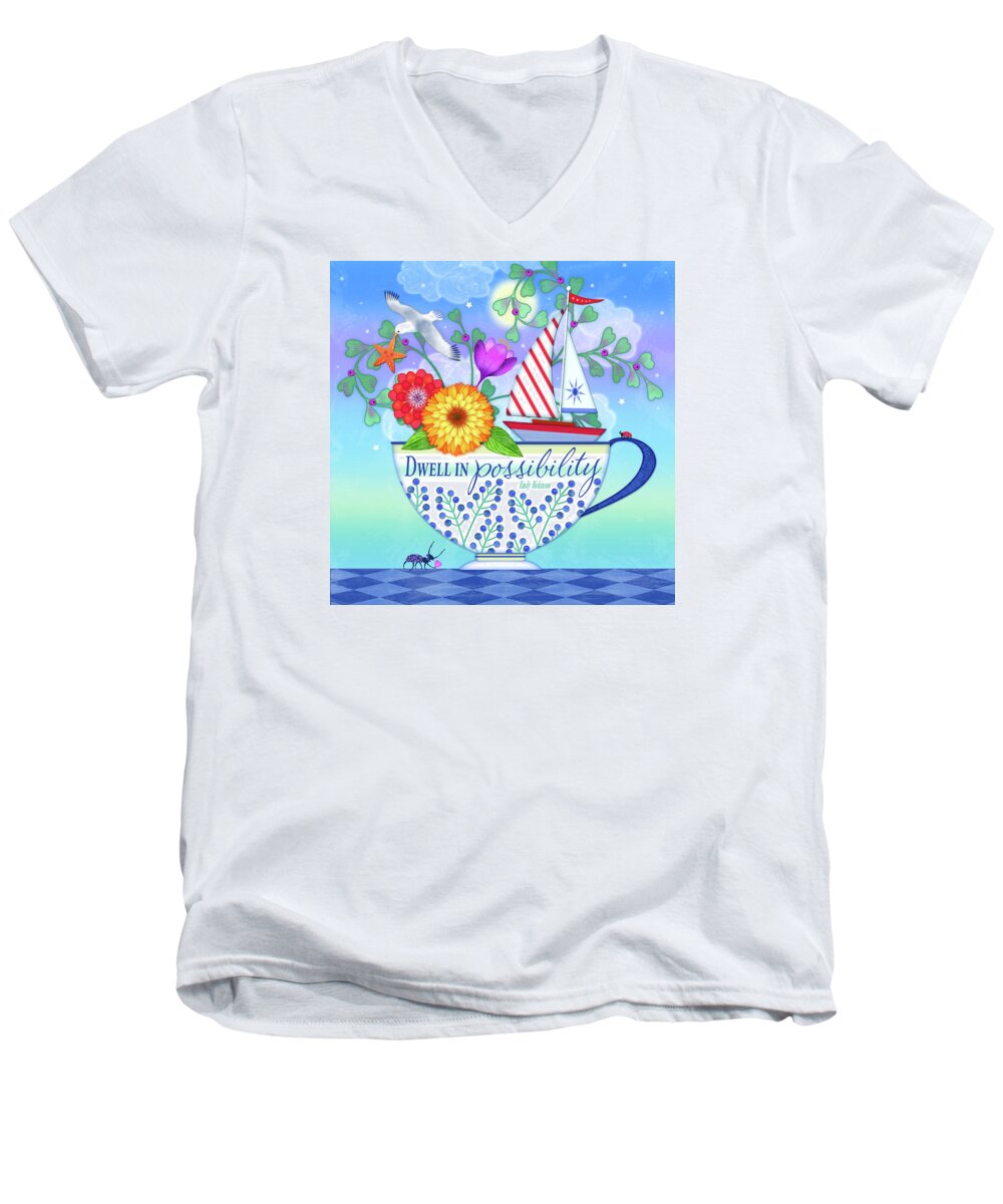 Teacup Men's V-Neck T-Shirt featuring the digital art Dwell in Possibility by Valerie Drake Lesiak